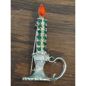 Vintage Dodds Rhinestone Candle Stick Pin Brooch With Green & Red Stones
